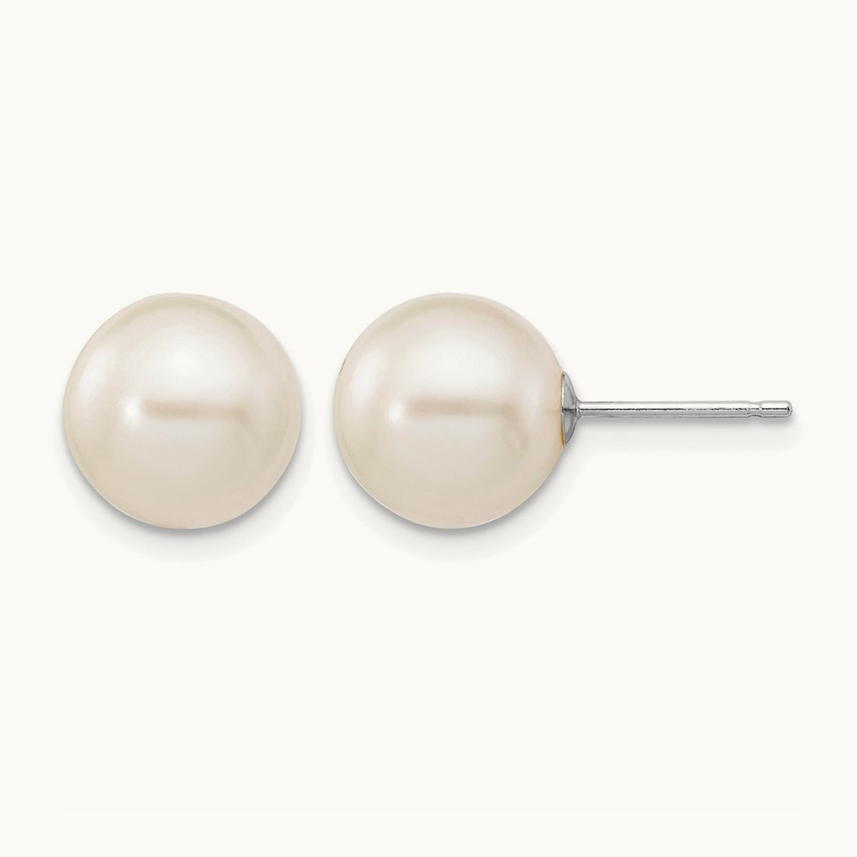 9- White Round FW Cultured Pearl Stud Post Earrings, 10mm, 14K White Gold