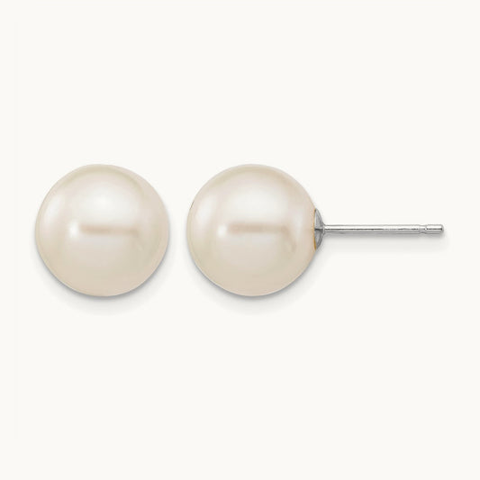 9- White Round FW Cultured Pearl Stud Post Earrings, 10mm, 14K White Gold