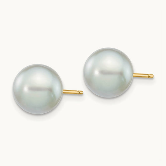 8- Round Grey Saltwater Akoya Cultured Pearl Stud Post Earrings, 9mm, 14K