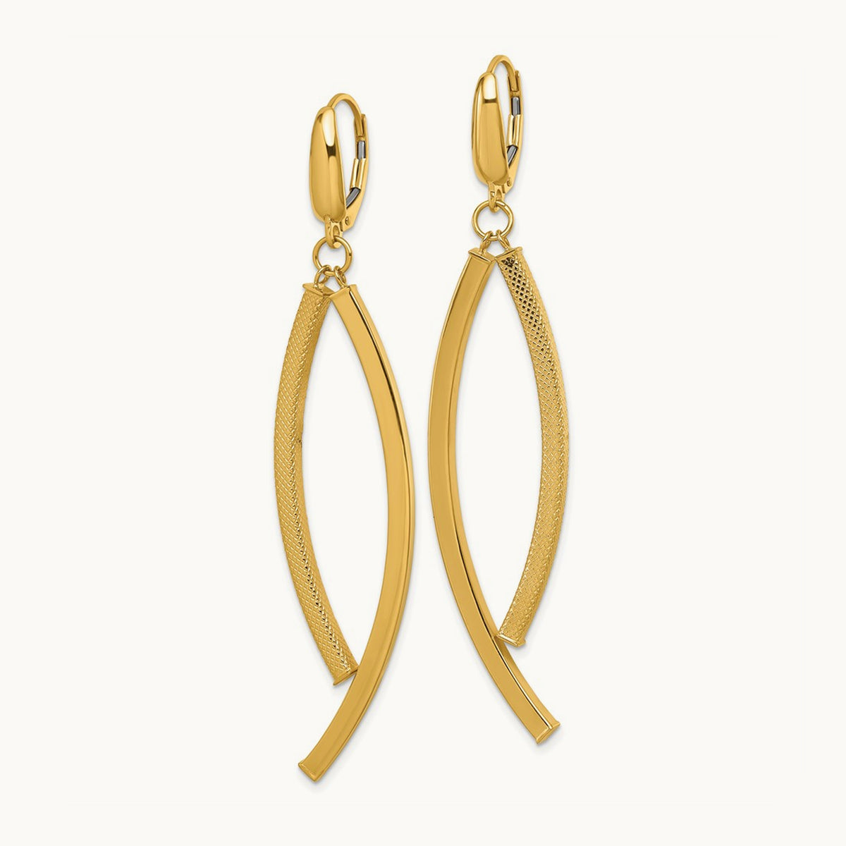 Polished and Textured Dangle Bar Leverback Earrings, 14K
