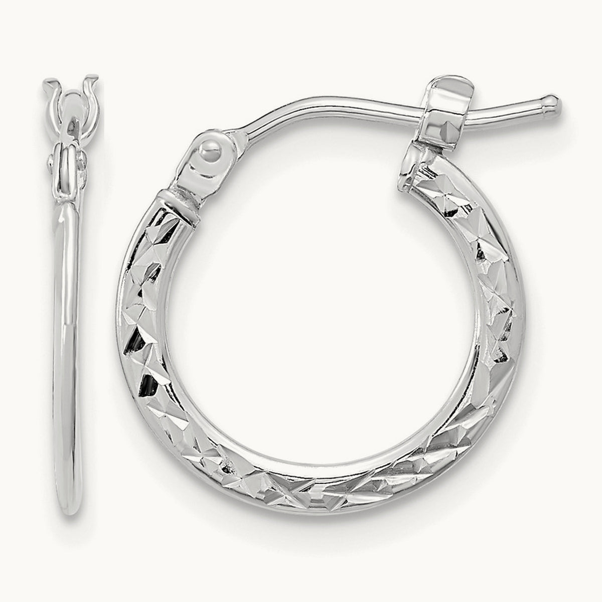 Polished and Diamond-cut Hoop Earrings — 14K White Gold