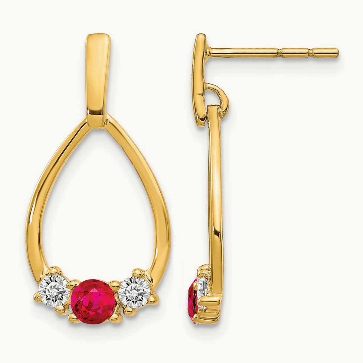 Created Ruby Dangle Teardrop Post Earrings, 0.25 ct tw Lab-Grown Diamond — 14K Yellow Gold