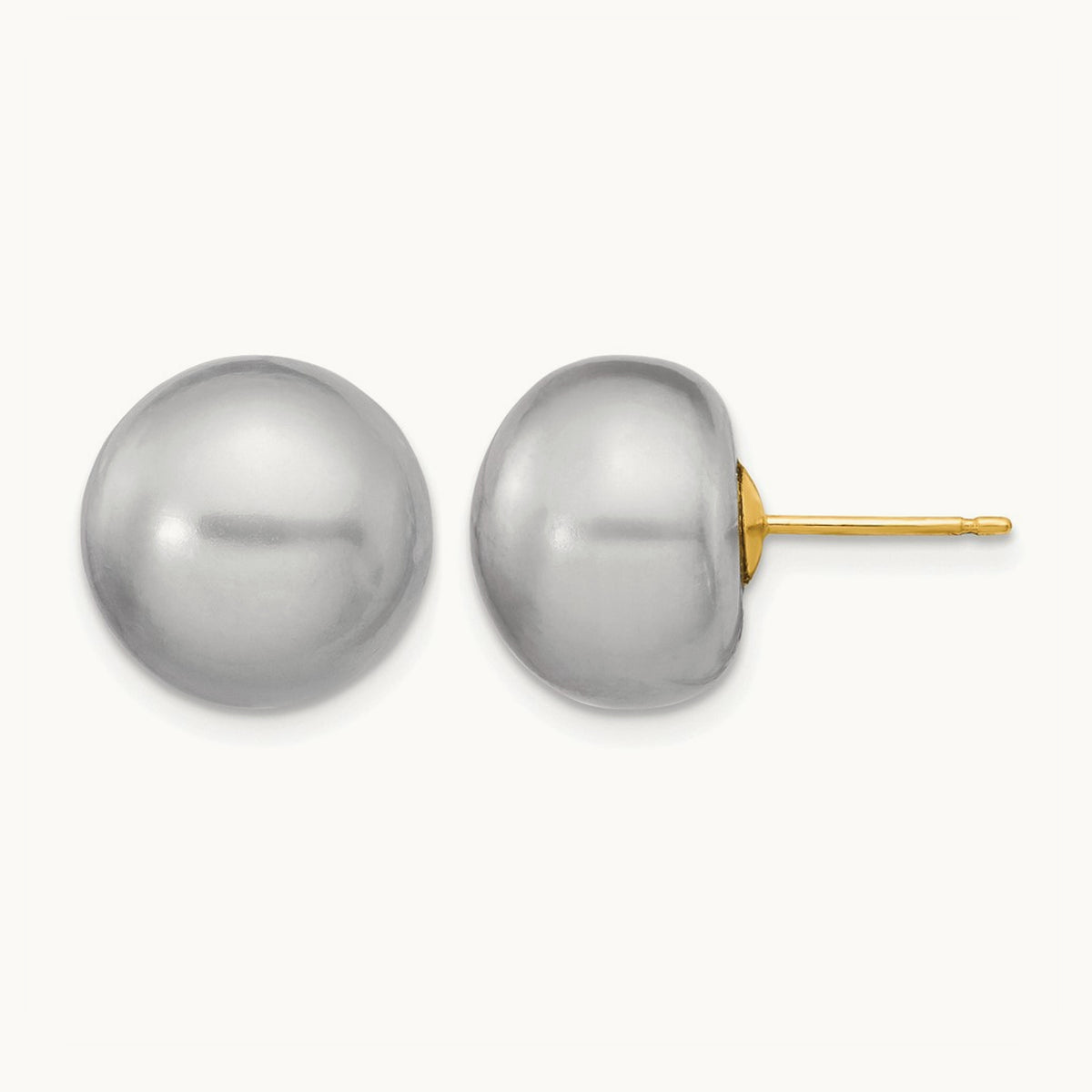 12- Grey Button FW Cultured Pearl Stud Post Earrings, 13mm, 14K