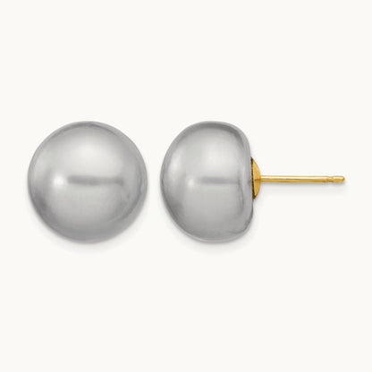 12- Grey Button FW Cultured Pearl Stud Post Earrings, 13mm, 14K
