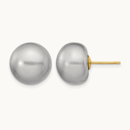 12- Grey Button FW Cultured Pearl Stud Post Earrings, 13mm, 14K