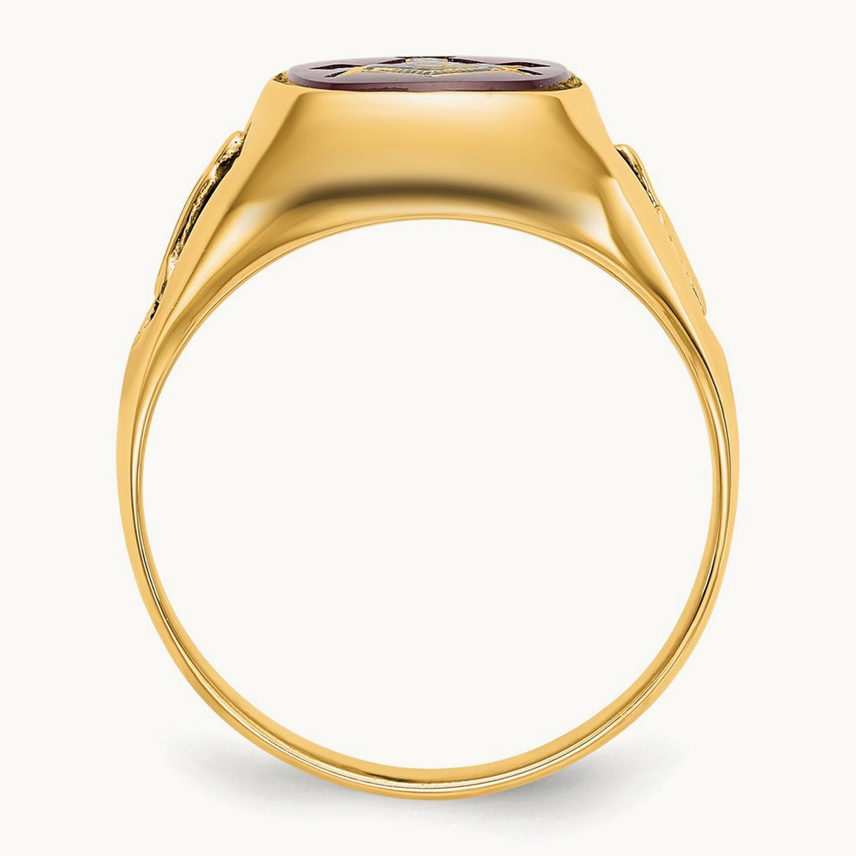 Men's Textured w/ Black Enamel & Lab Cr. Ruby Masonic Ring, 14K