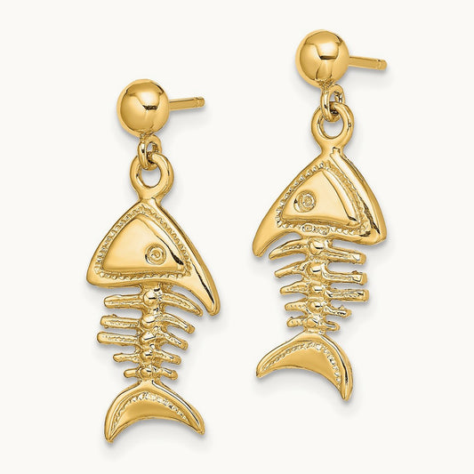 3-D Fishbone Dangle Earrings, 14K