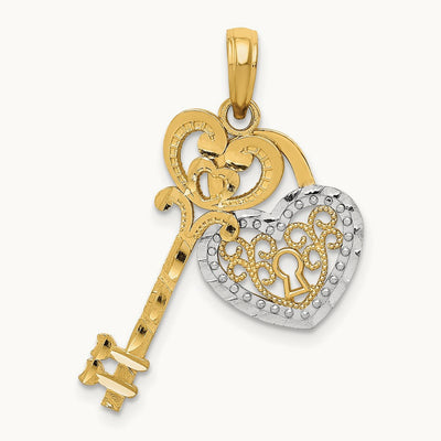 w/White Rhodium Moveable Filigree Heart Key and Lock Charm, 14K