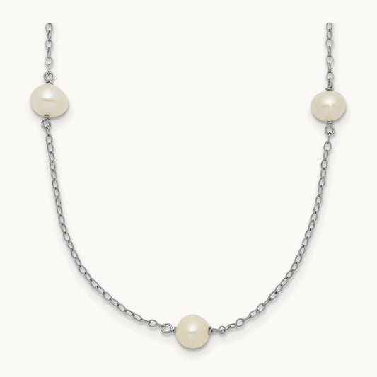 5- Round White FWC Pearl 7 Station Necklace, 6mm, 14K White Gold