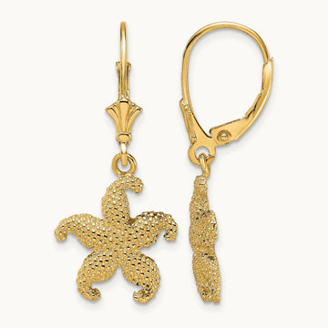 2-D Puffed Starfish Leverback Earrings, 14K