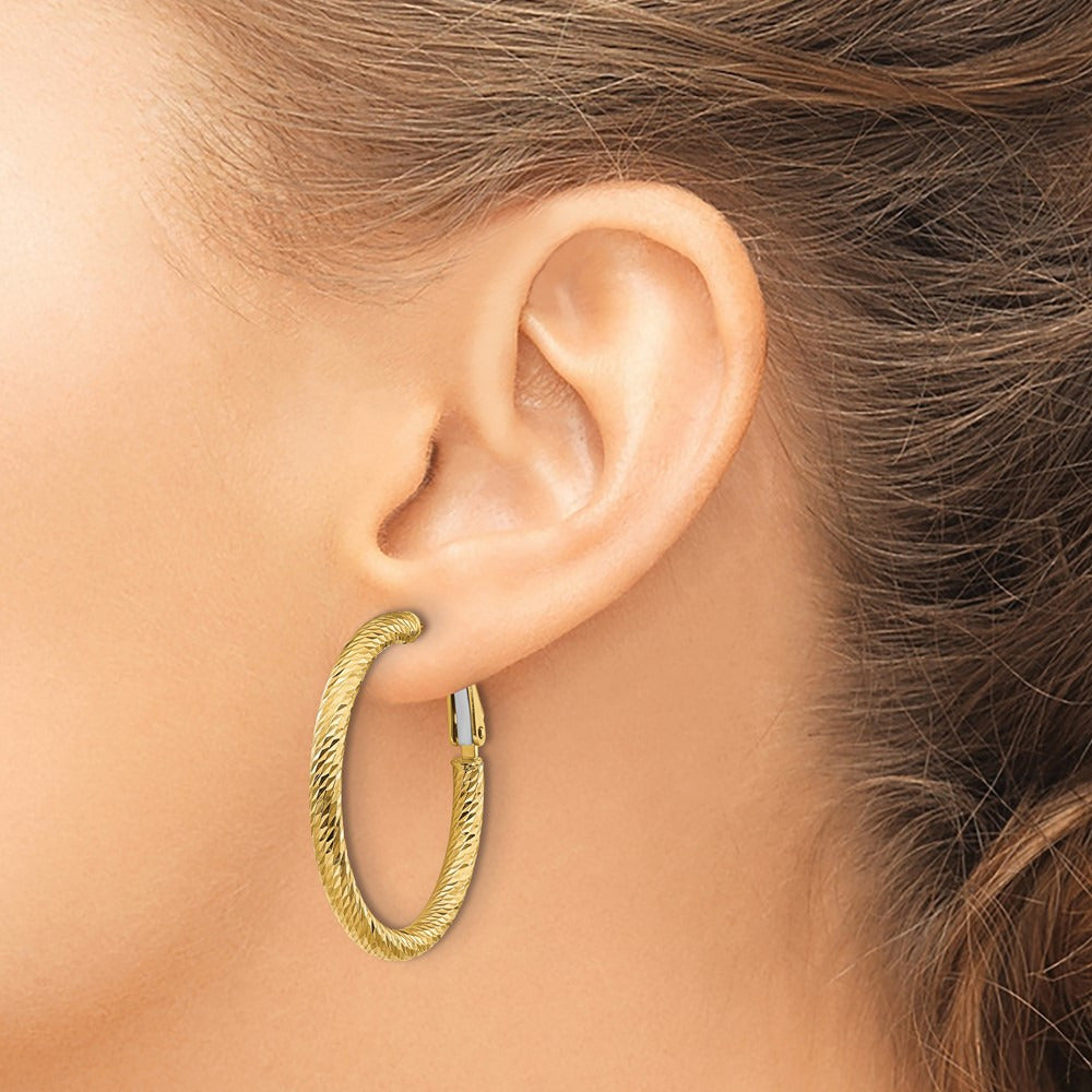 Diamond-cut Round Omega Back Hoop Earrings — 14K Yellow Gold, 3x32mm