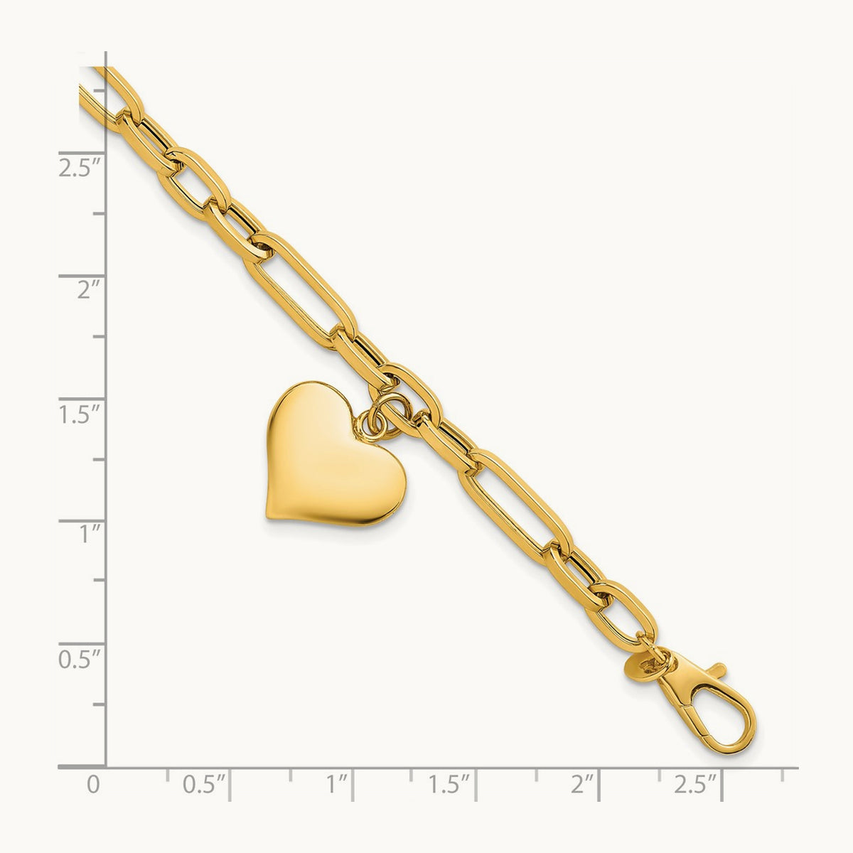 Polished Paperclip Link With Heart Dangle 7.5in Bracelet, 14K
