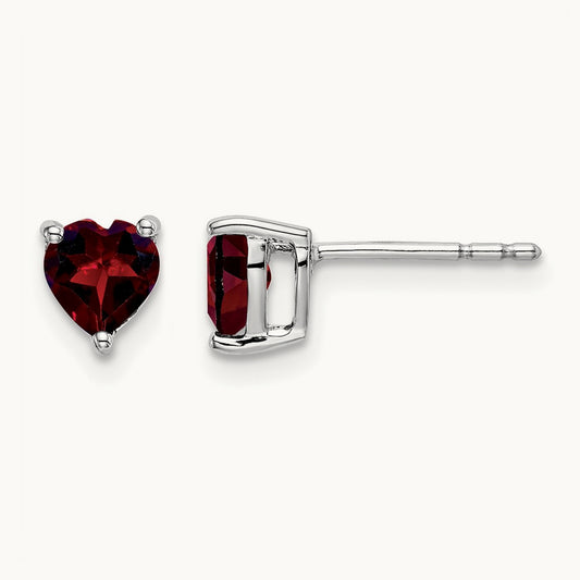Heart Garnet Earrings, 14K White Gold