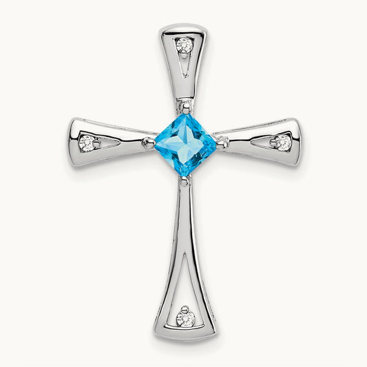 Blue Topaz and Diamond Cross Chain Slide — 14K White Gold