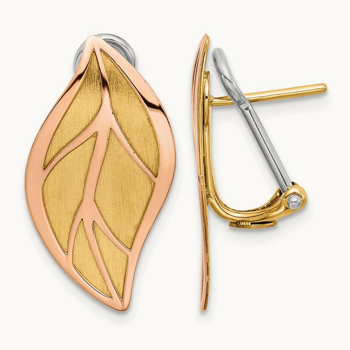 Polished / Brushed Leaf Omega Back Earrings, 14K Two-tone Rose with Yellow
