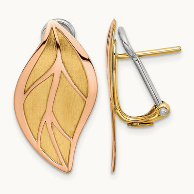 Polished / Brushed Leaf Omega Back Earrings, 14K Two-tone Rose with Yellow