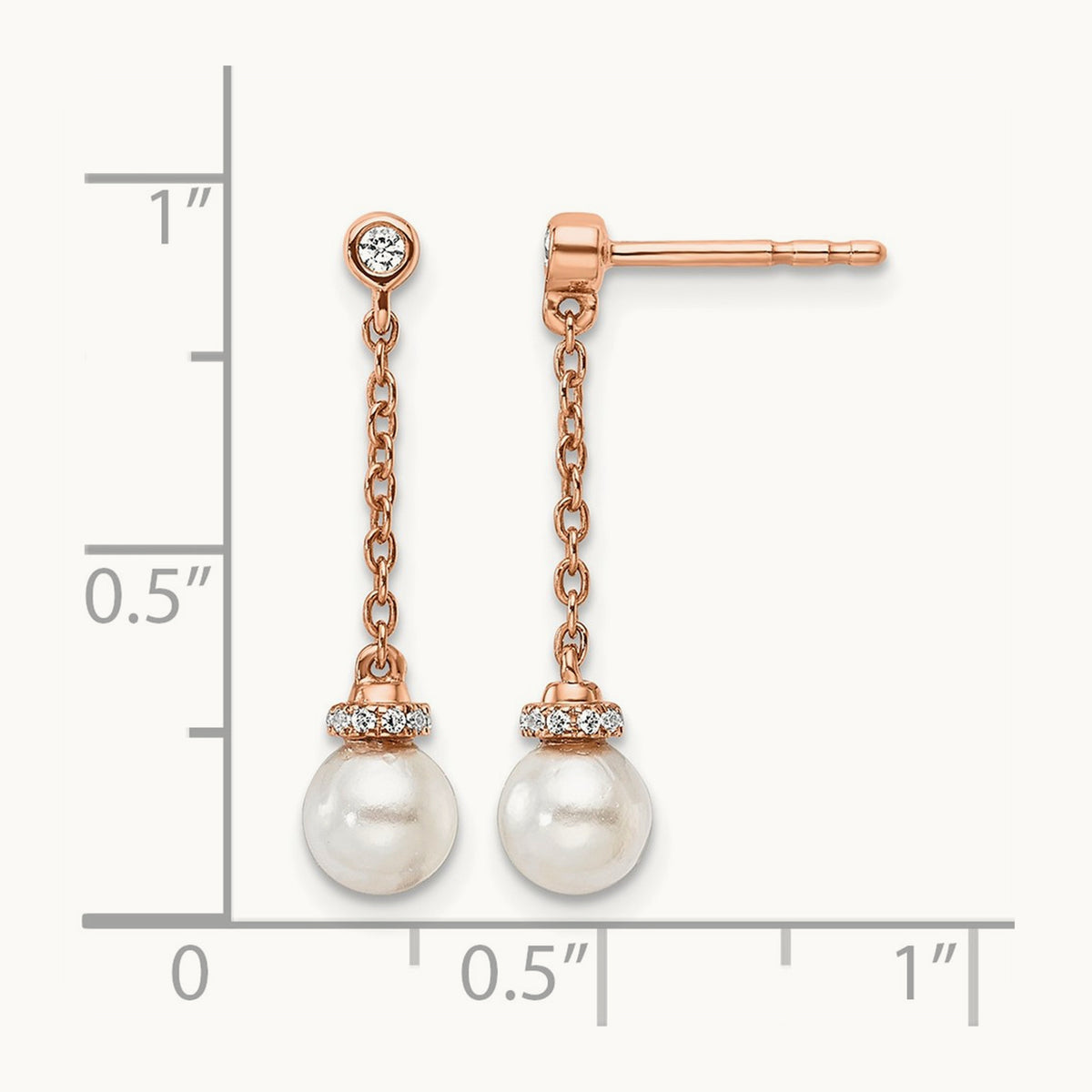 Polished Diamond and Pearl Chain Dangle Post Earrings, 14K Rose Gold