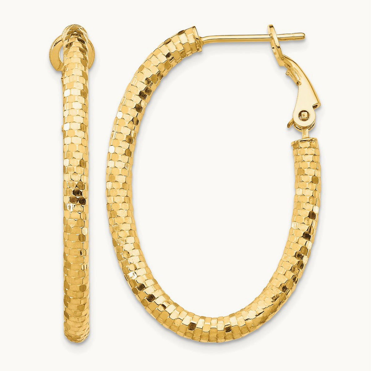 Diamond-cut Oval Omega Back Hoop Earrings — 3x37mm