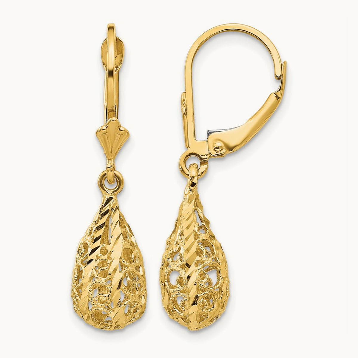 Polished Diamond-Cut Filigree Dangle Leverback Earrings, 14K