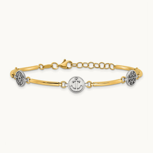 Polished Compass and Anchor w/ 1in ext. Bracelet, 14K Two-tone