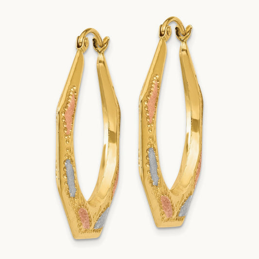 & White and Rose Rhodium Hollow Hoop Earrings, 14K