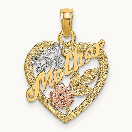 w/White Rhodium #1 MOTHER Heart w/Flower Charm, 14K Two-tone