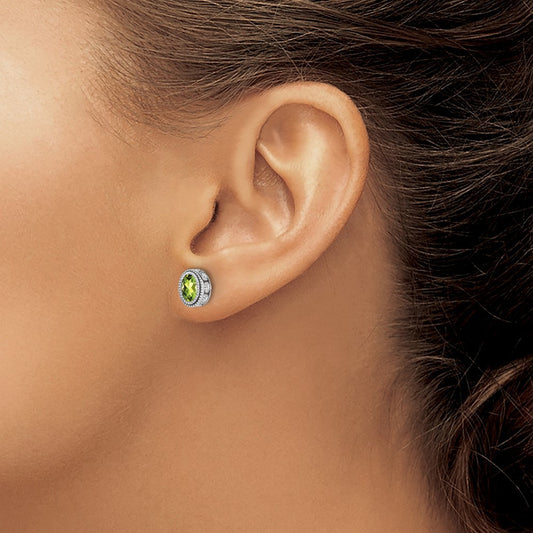 Oval Peridot and Diamond Earrings — 14K White Gold