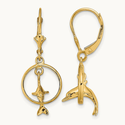 3-D Dolphin Jumping Through Hoop Leverback Earrings, 14K