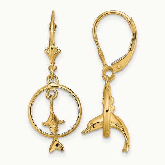 3-D Dolphin Jumping Through Hoop Leverback Earrings, 14K