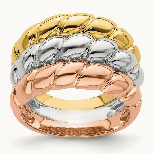 Tri-Color Triple Shrimp Band, 14K