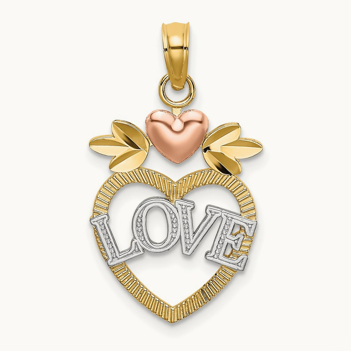 w/ White Rhodium LOVE Inside Heart Pendant, 14K Two-tone