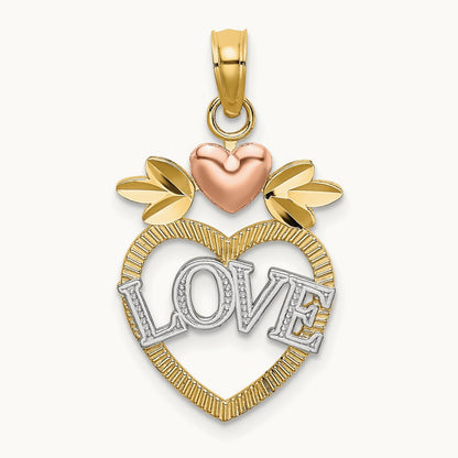 w/ White Rhodium LOVE Inside Heart Pendant, 14K Two-tone