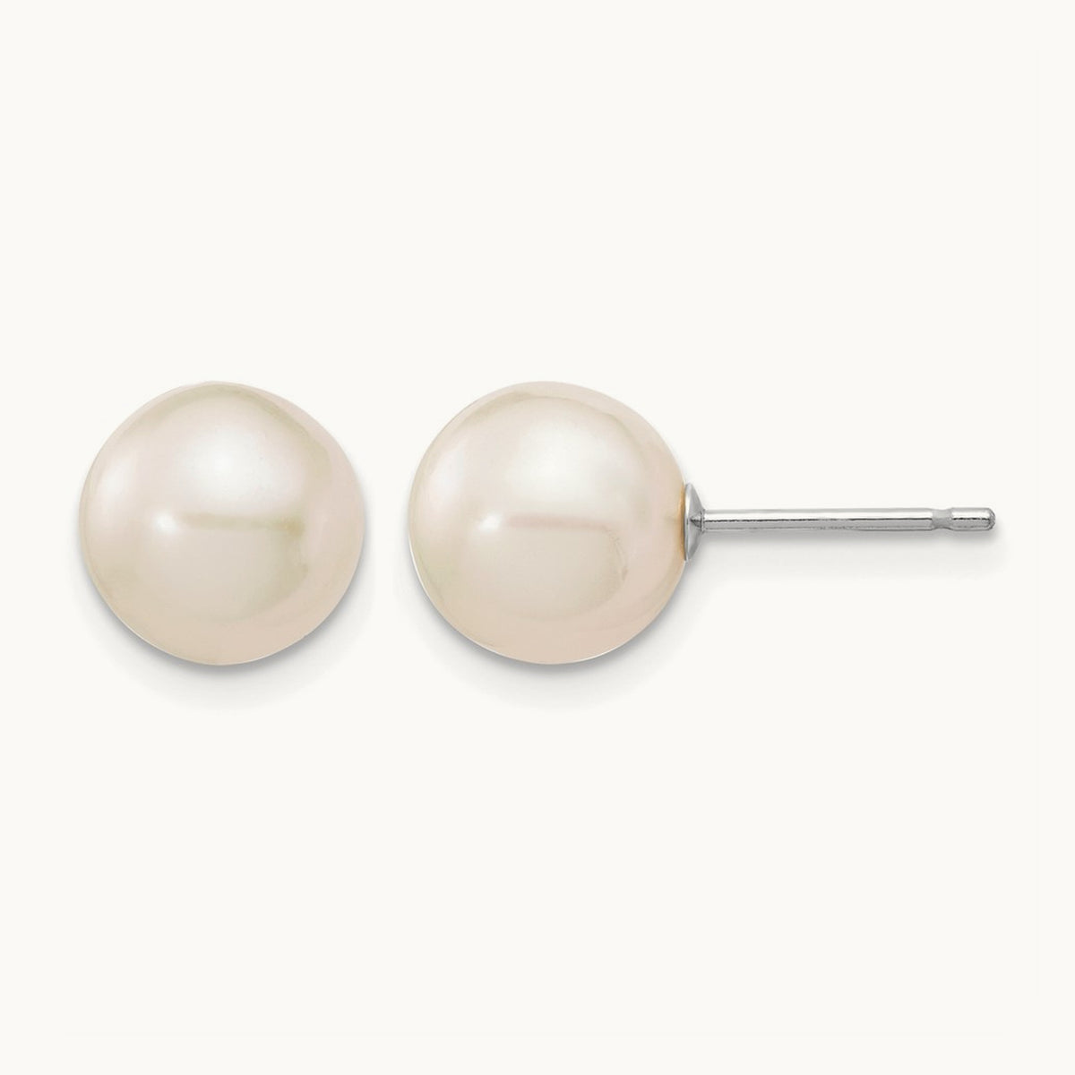 8- White Round FW Cultured Pearl Stud Post Earrings, 9mm, 14K White Gold