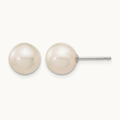 8- White Round FW Cultured Pearl Stud Post Earrings, 9mm, 14K White Gold
