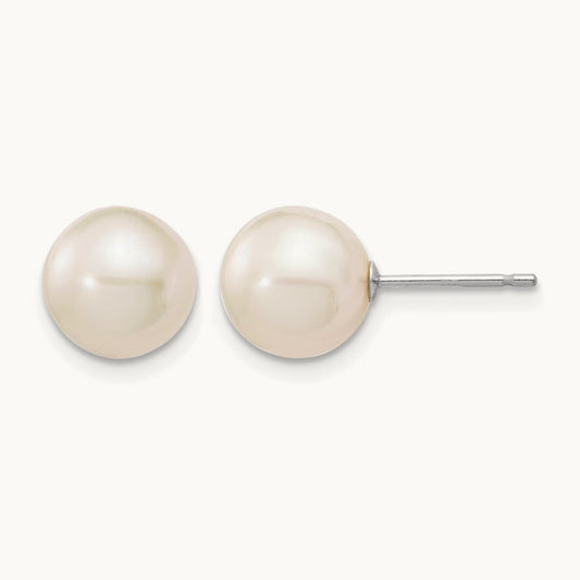 8- White Round FW Cultured Pearl Stud Post Earrings, 9mm, 14K White Gold