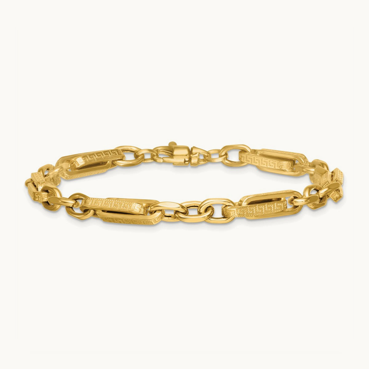 Polished & Textured Greek Key Design 7.75 in Bracelet, 14K