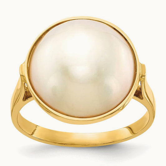 13- White Akoya Mabe Saltwater Cultured Pearl Ring, 14mm, 14K