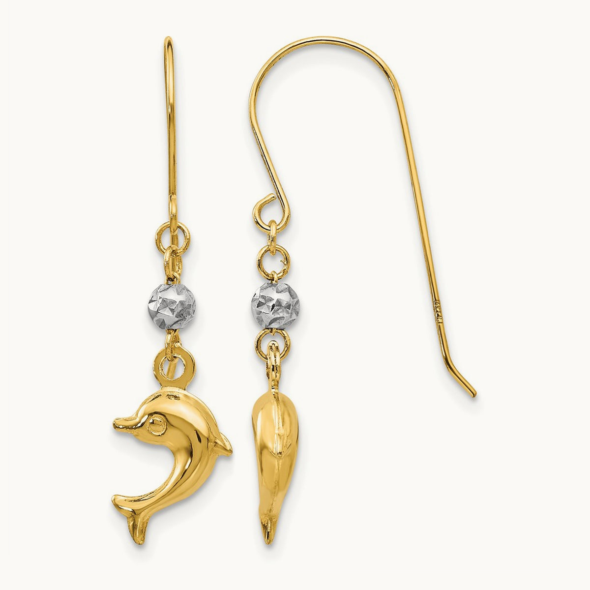 Two Toned Puffed Dolphin Shepherd Hook Earrings, 14K
