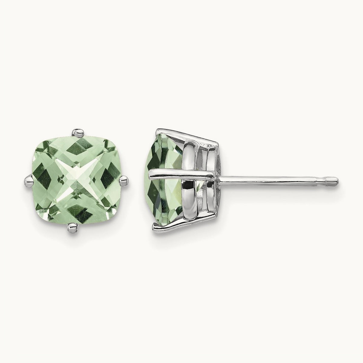 Cushion Checker-Cut Green Quartz Earring, 7mm, 14K White Gold