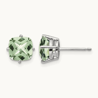 Cushion Checker-Cut Green Quartz Earring, 7mm, 14K White Gold