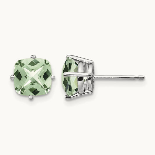 Cushion Checker-Cut Green Quartz Earring, 7mm, 14K White Gold