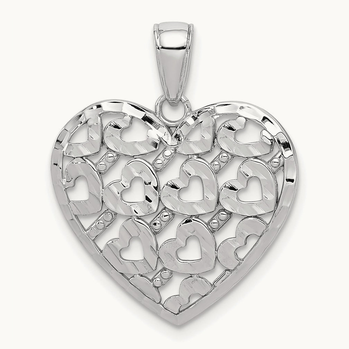 Diamond-cut Heart Pattern On Heart Charm — 14K White Gold