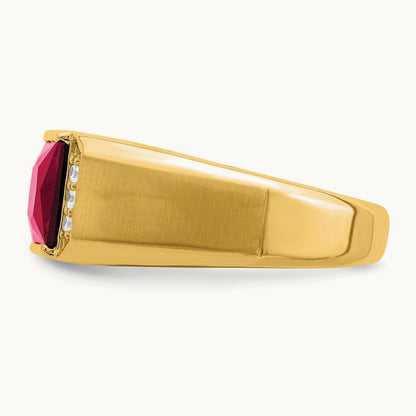 Square Created Ruby and Diamond Mens Ring, 14K