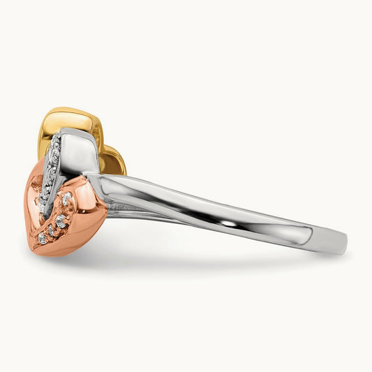 Tri-color Diamond Triple Heart Ring, 14K