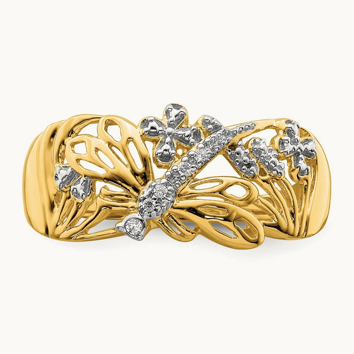 Rhodium Diamond Dragonfly Ring, 14K