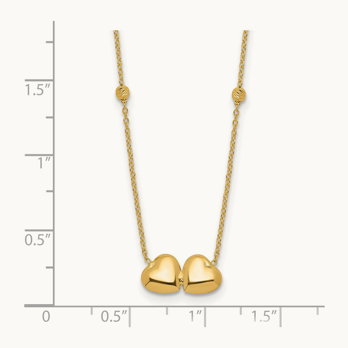 D/C Beaded Double Heart 16in w/2in ext. Necklace, 14K