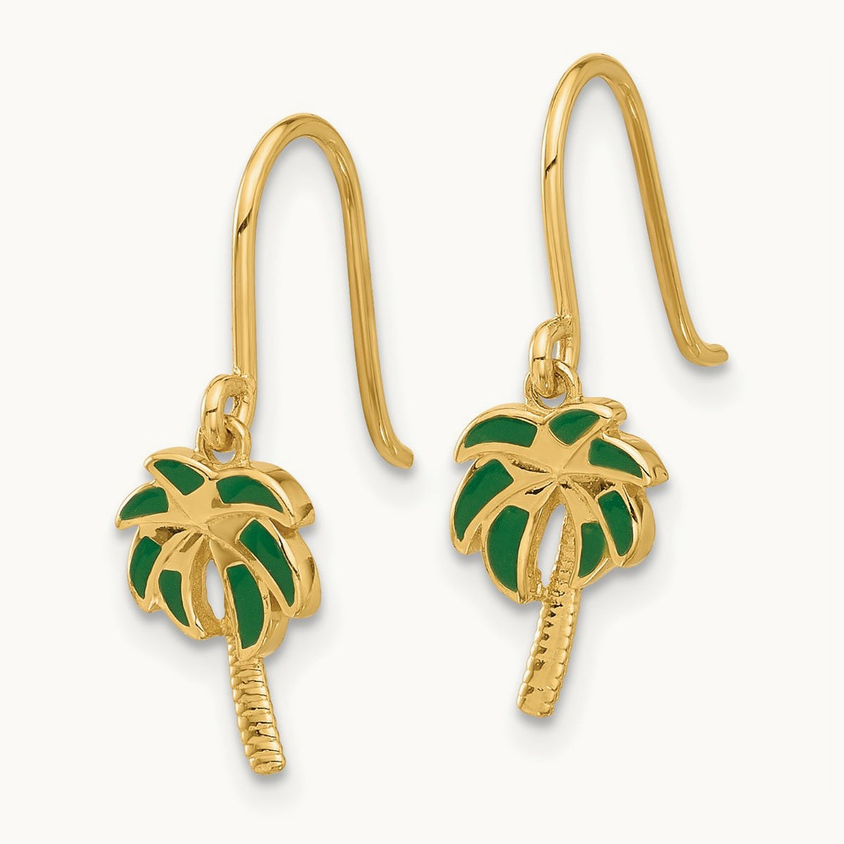 Polished Green Enameled Palm Tree Shepherd Hook Dangle Earrings, 14K