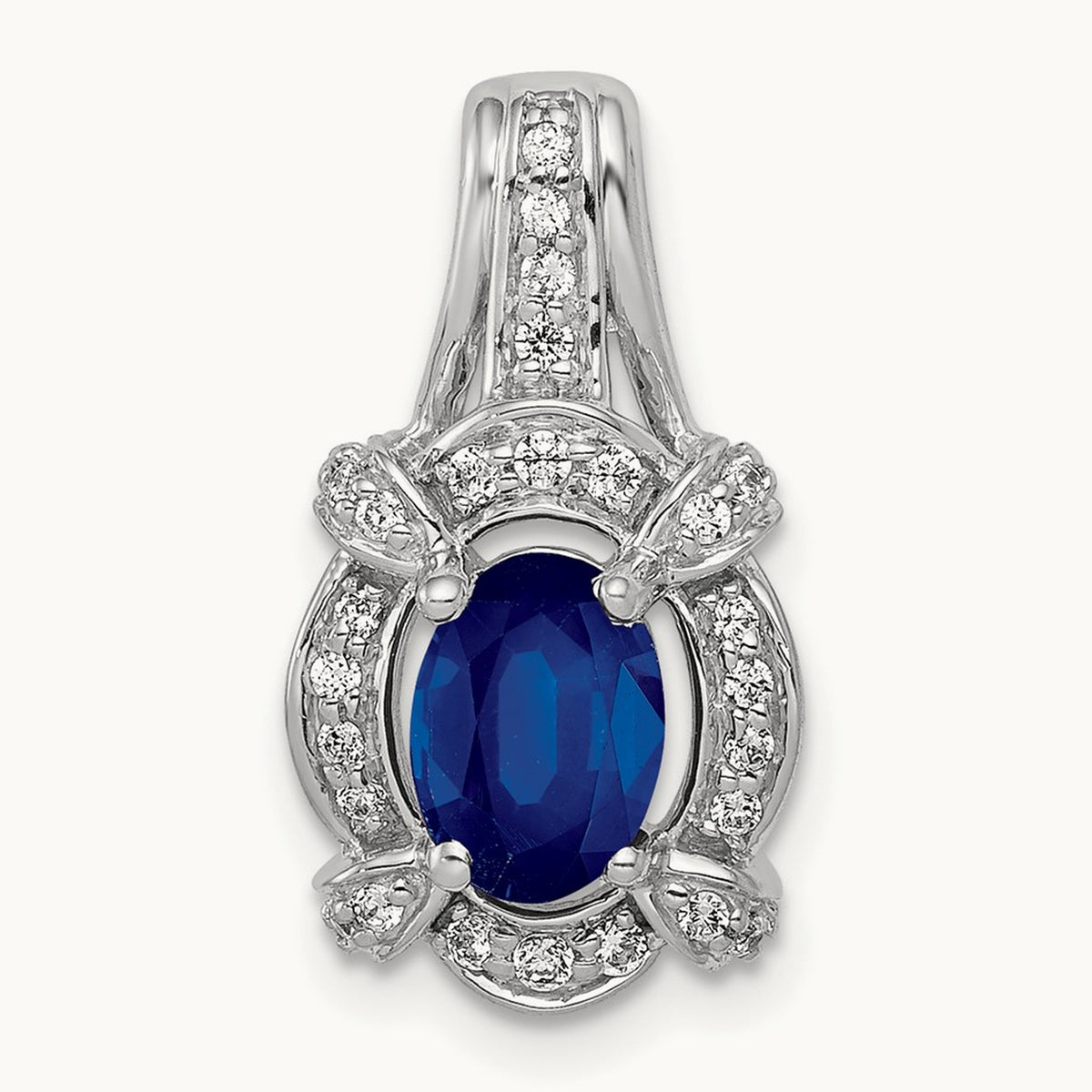 Diamond and Sapphire Fancy Oval Pendant — 14K White Gold