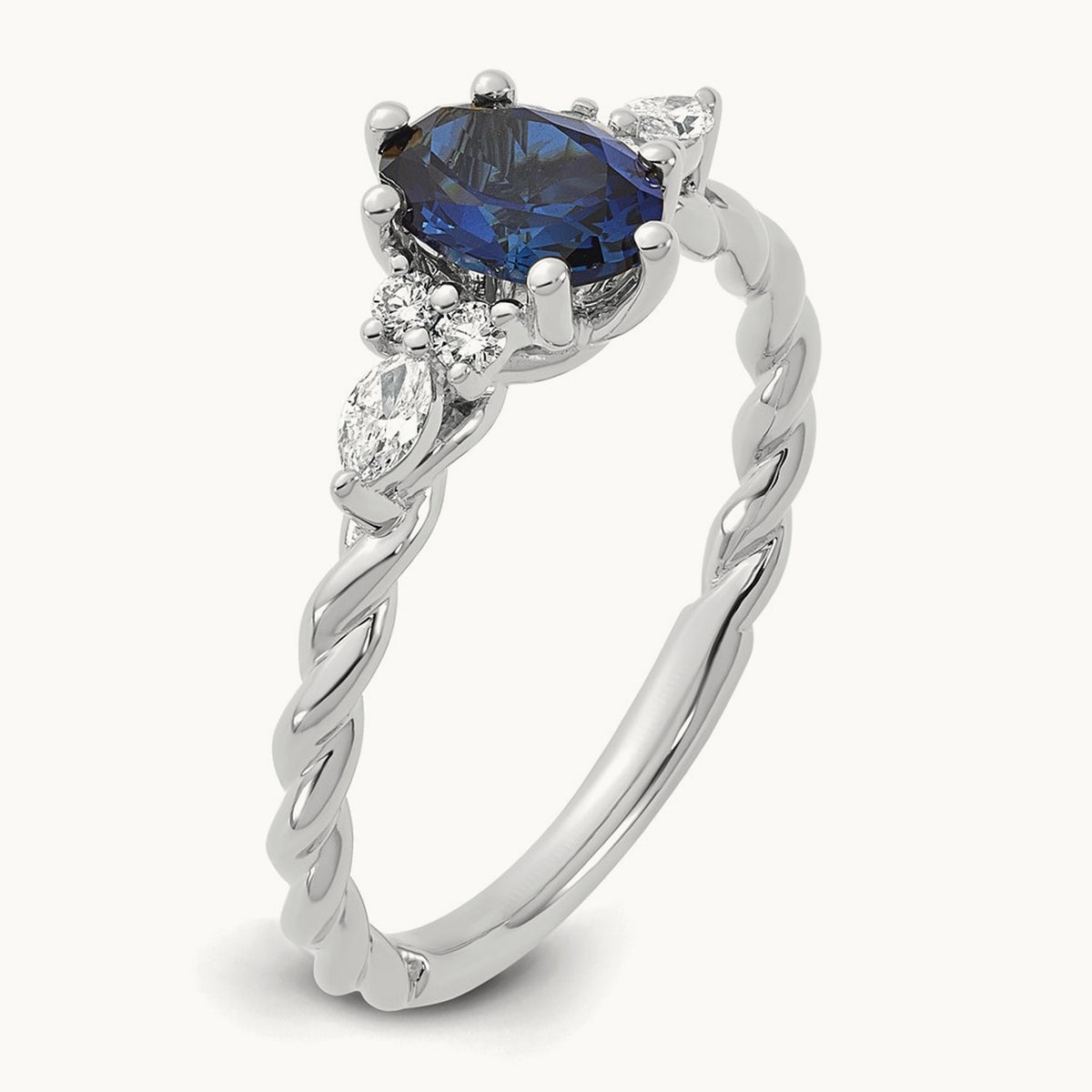 Polished Diamond and Lab Created Sapphire Twisted Ring — 14K White Gold
