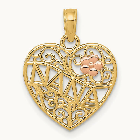 Polished NANA w/Flower on Heart Pendant, 14K Two-tone